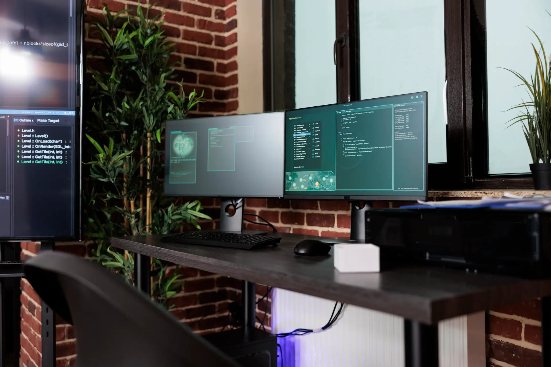Two computer screens displaying software data in a dark office