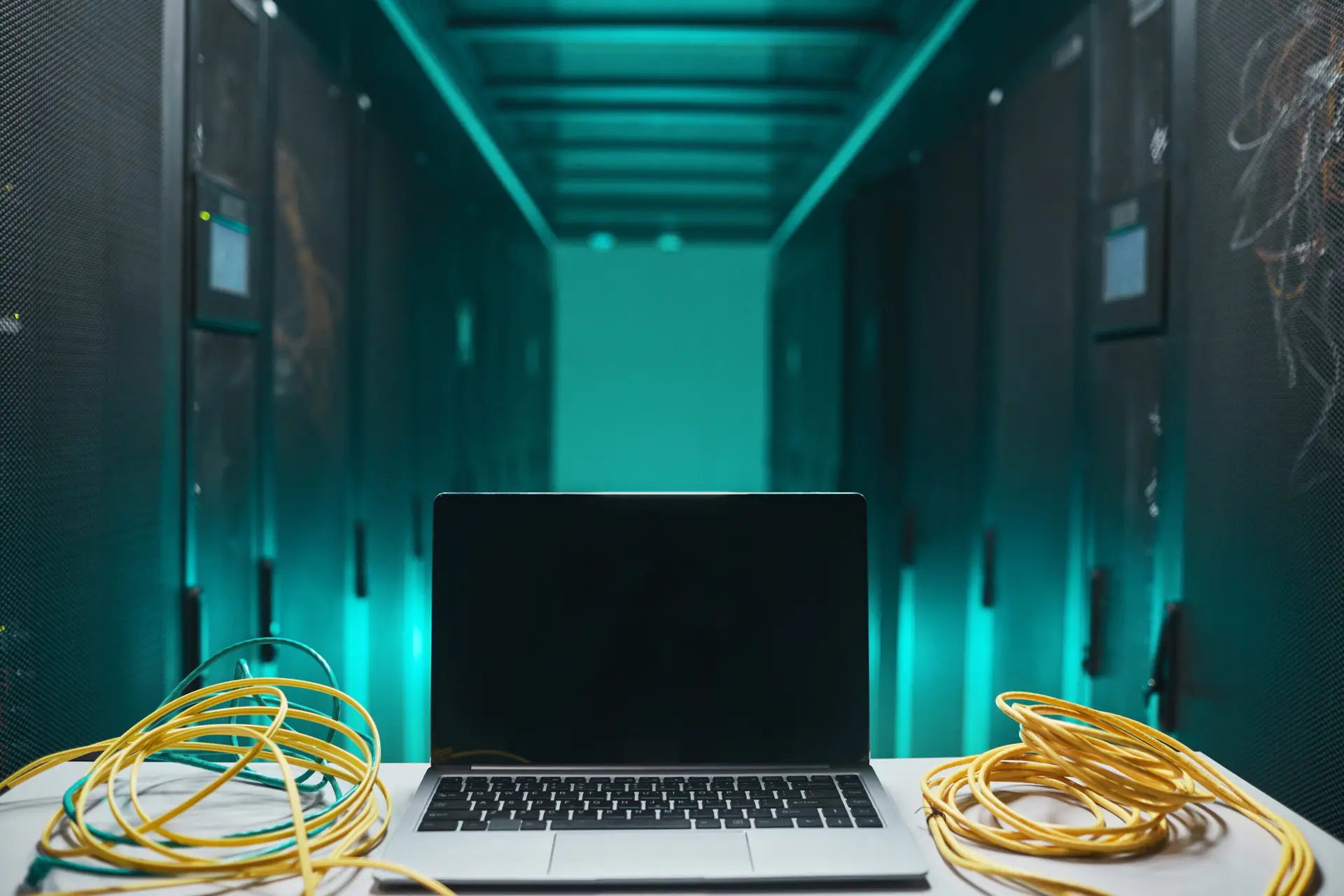 Laptop open on an equipment rack in a dimly lit server room